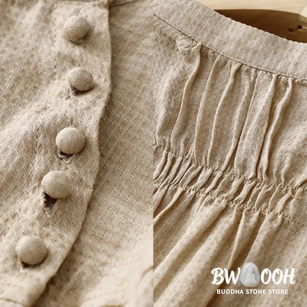 Buddha Stones Lace-up Buttons Design Women’s Cotton Linen Three Quarter Sleeve Shirt - Women’s Shirts