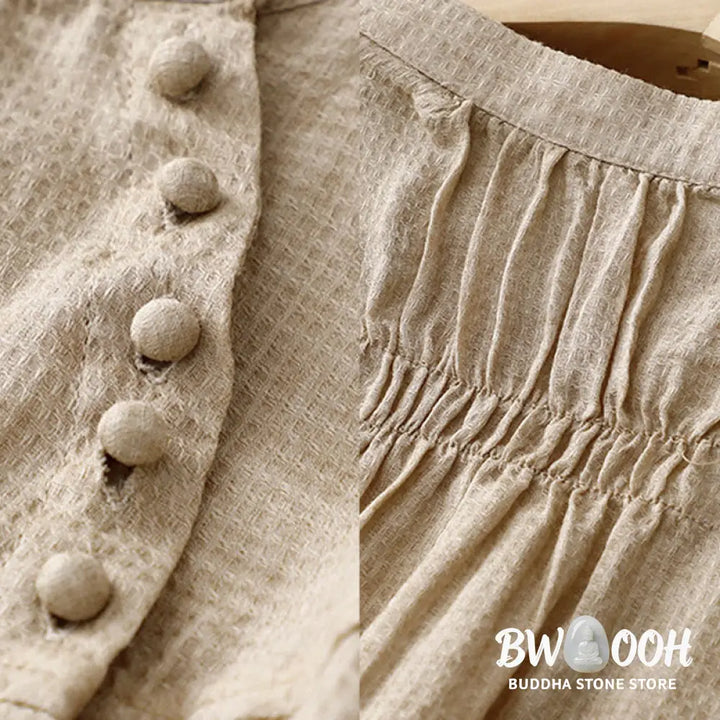 Buddha Stones Lace-up Buttons Design Women’s Cotton Linen Three Quarter Sleeve Shirt - Women’s Shirts