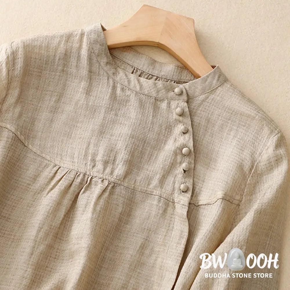 Buddha Stones Lace-up Buttons Design Women’s Cotton Linen Three Quarter Sleeve Shirt - Women’s Shirts