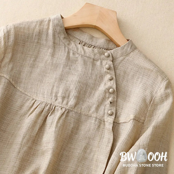 Buddha Stones Lace-up Buttons Design Women’s Cotton Linen Three Quarter Sleeve Shirt - Women’s Shirts