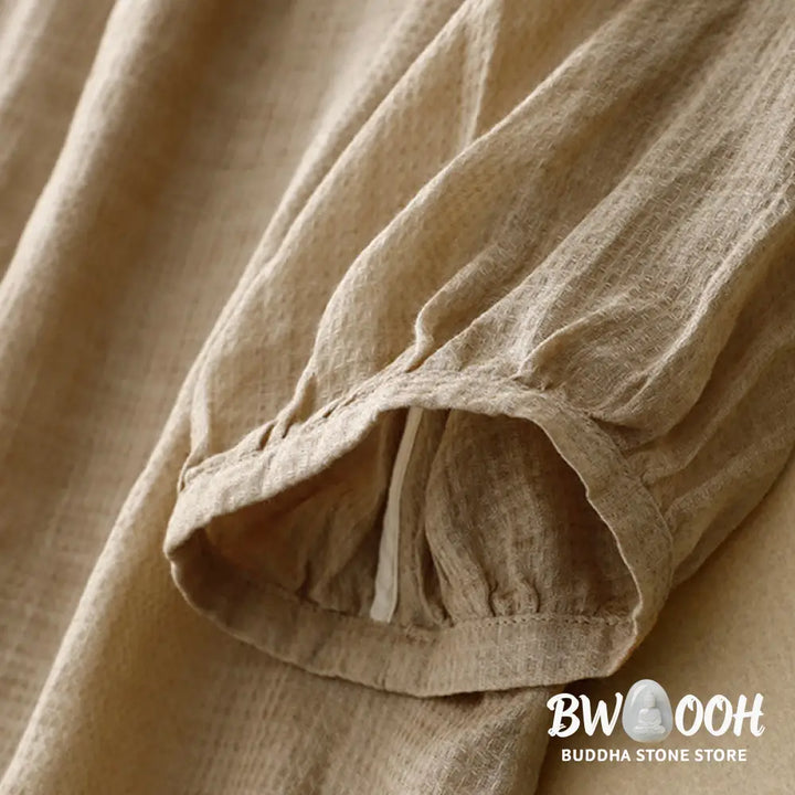Buddha Stones Lace-up Buttons Design Women’s Cotton Linen Three Quarter Sleeve Shirt - Women’s Shirts