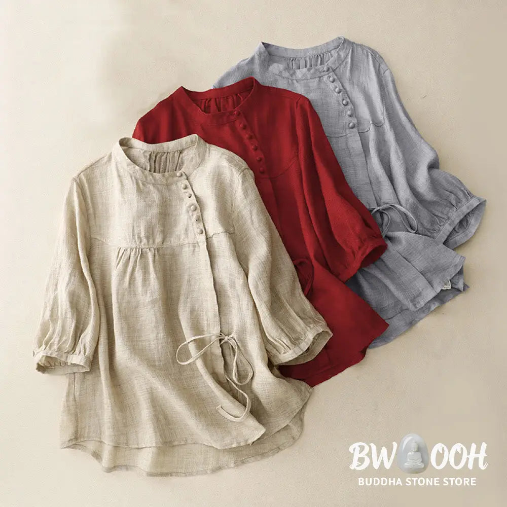 Buddha Stones Lace-up Buttons Design Women’s Cotton Linen Three Quarter Sleeve Shirt - Women’s Shirts