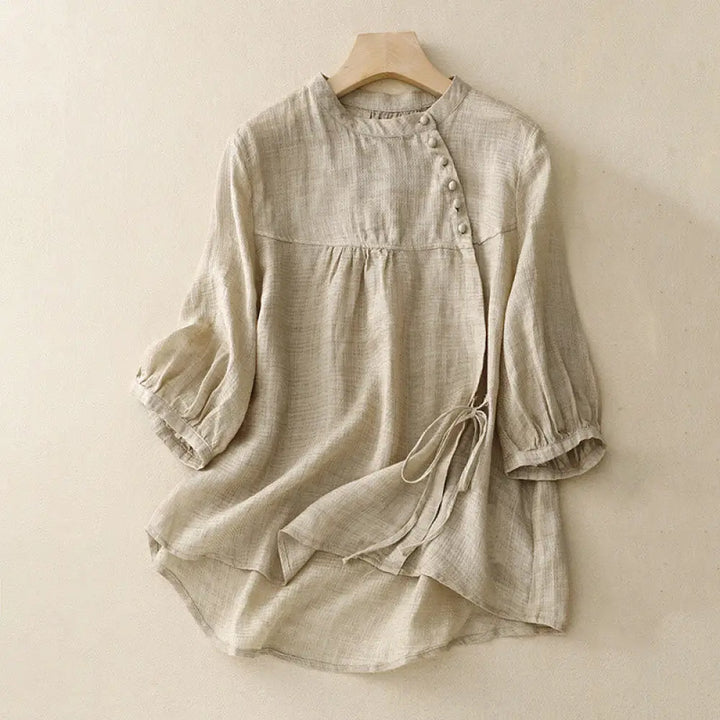 Buddha Stones Lace-up Buttons Design Women’s Cotton Linen Three Quarter Sleeve Shirt - Wheat / US6，UK/AU10，EU38 (M)