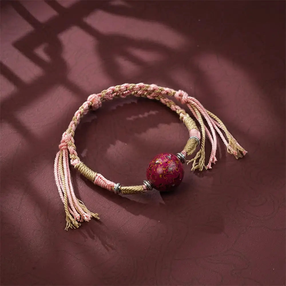 Buddha Stones Lacquer Craft Bead Multicolored Braided String Bracelet - LightPink - Bracelet