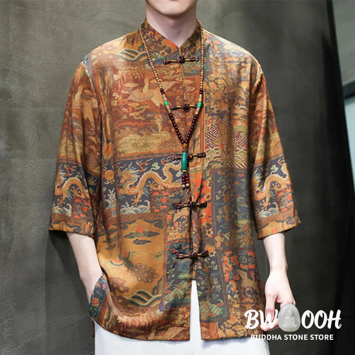 Buddha Stones Landscape Chinese Dragon Pattern Chinese Three Quarter Sleeve Shirt Men T-shirt - T-shirt
