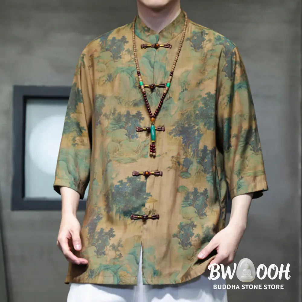 Buddha Stones Landscape Chinese Dragon Pattern Chinese Three Quarter Sleeve Shirt Men T-shirt - T-shirt