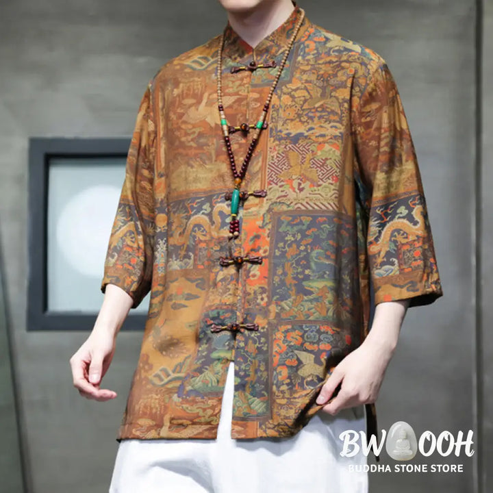Buddha Stones Landscape Chinese Dragon Pattern Chinese Three Quarter Sleeve Shirt Men T-shirt - T-shirt