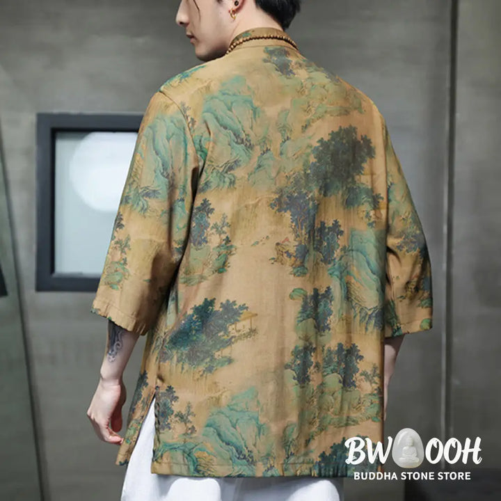 Buddha Stones Landscape Chinese Dragon Pattern Chinese Three Quarter Sleeve Shirt Men T-shirt - T-shirt