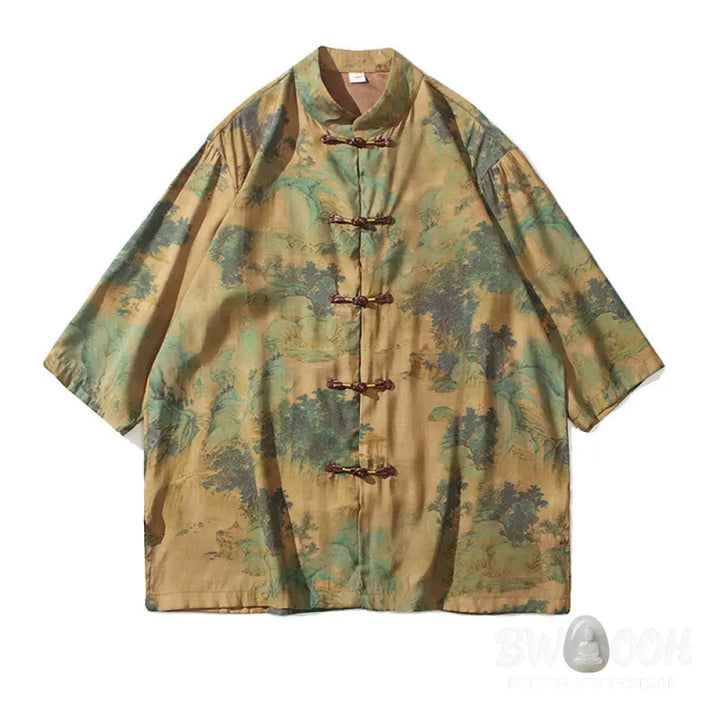 Buddha Stones Landscape Chinese Dragon Pattern Chinese Three Quarter Sleeve Shirt Men T-shirt - T-shirt