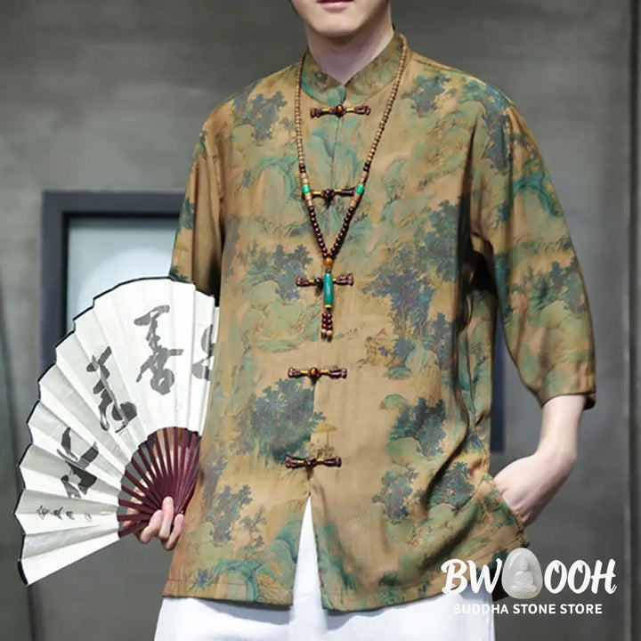 Buddha Stones Landscape Chinese Dragon Pattern Chinese Three Quarter Sleeve Shirt Men T-shirt - T-shirt