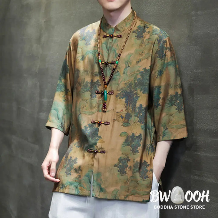 Buddha Stones Landscape Chinese Dragon Pattern Chinese Three Quarter Sleeve Shirt Men T-shirt - T-shirt