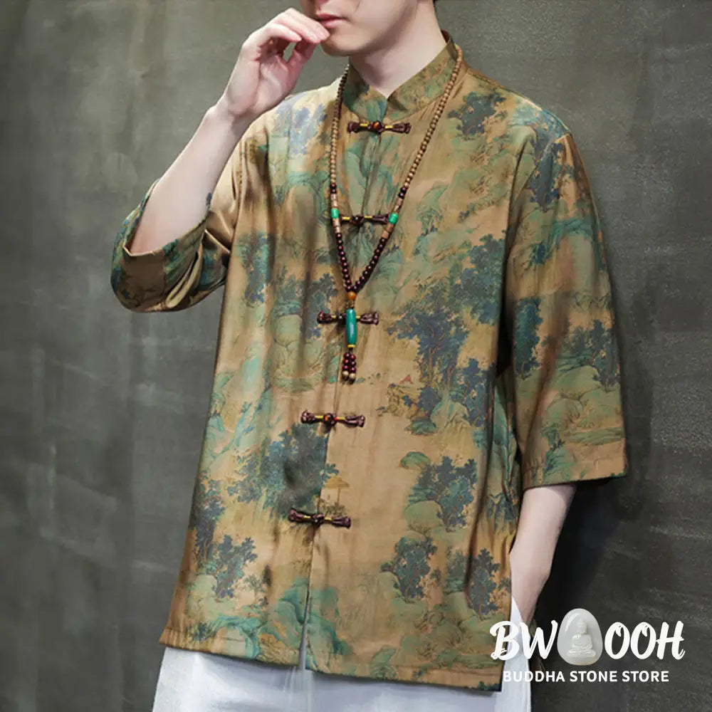 Buddha Stones Landscape Chinese Dragon Pattern Chinese Three Quarter Sleeve Shirt Men T-shirt - T-shirt