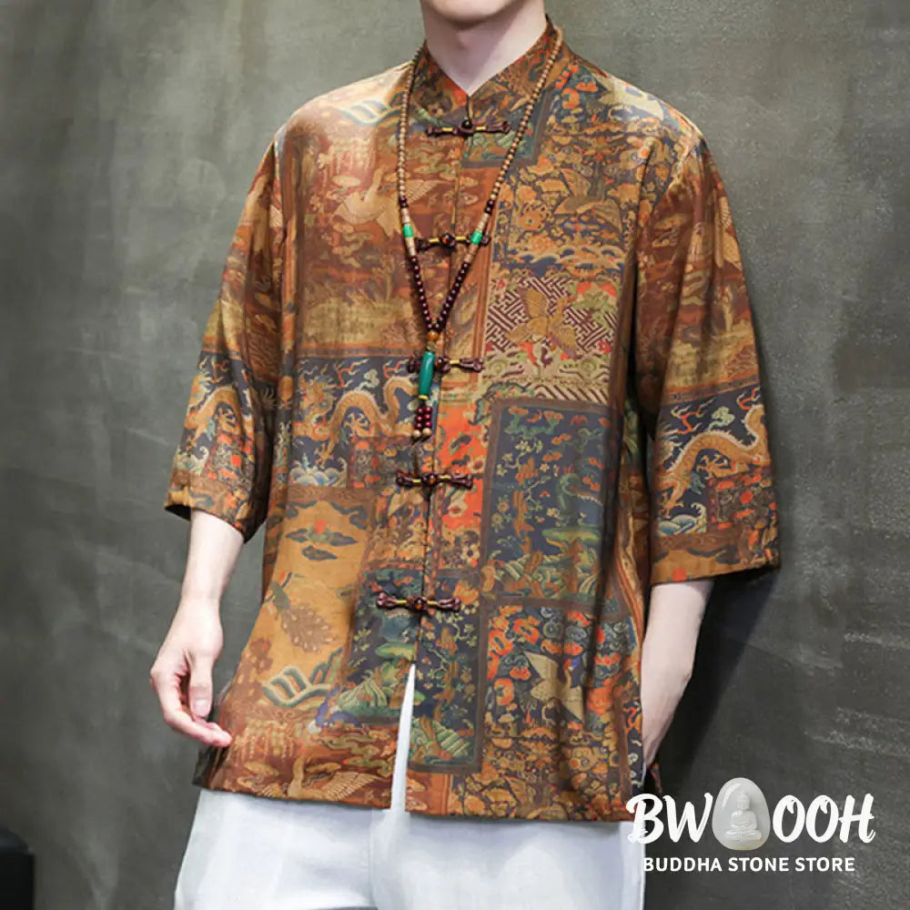 Buddha Stones Landscape Chinese Dragon Pattern Chinese Three Quarter Sleeve Shirt Men T-shirt - T-shirt