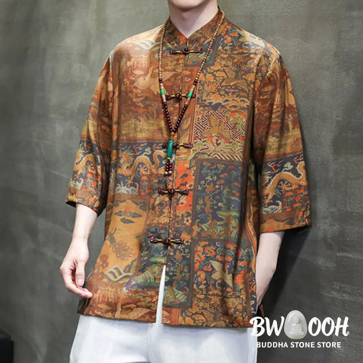 Buddha Stones Landscape Chinese Dragon Pattern Chinese Three Quarter Sleeve Shirt Men T-shirt - T-shirt