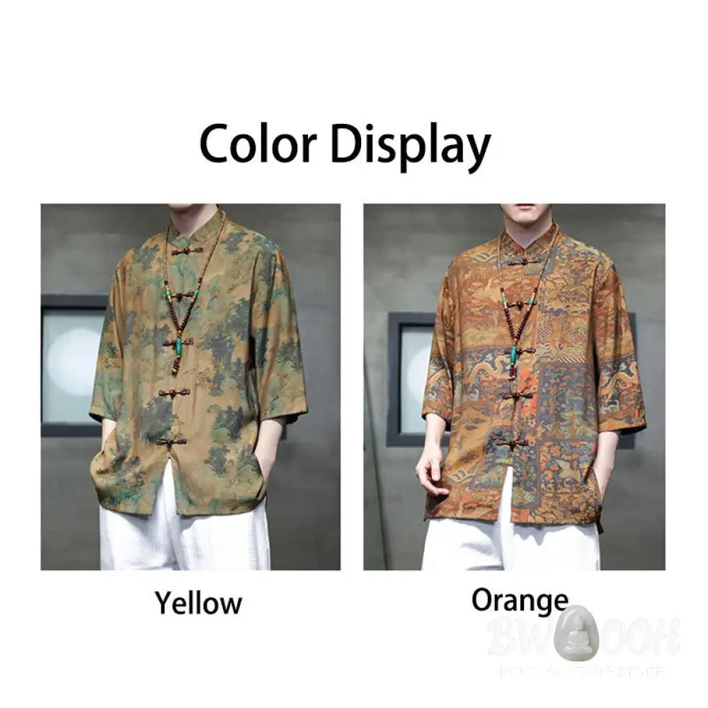 Buddha Stones Landscape Chinese Dragon Pattern Chinese Three Quarter Sleeve Shirt Men T-shirt - T-shirt