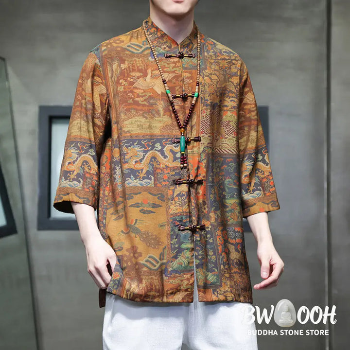 Buddha Stones Landscape Chinese Dragon Pattern Chinese Three Quarter Sleeve Shirt Men T-shirt - T-shirt