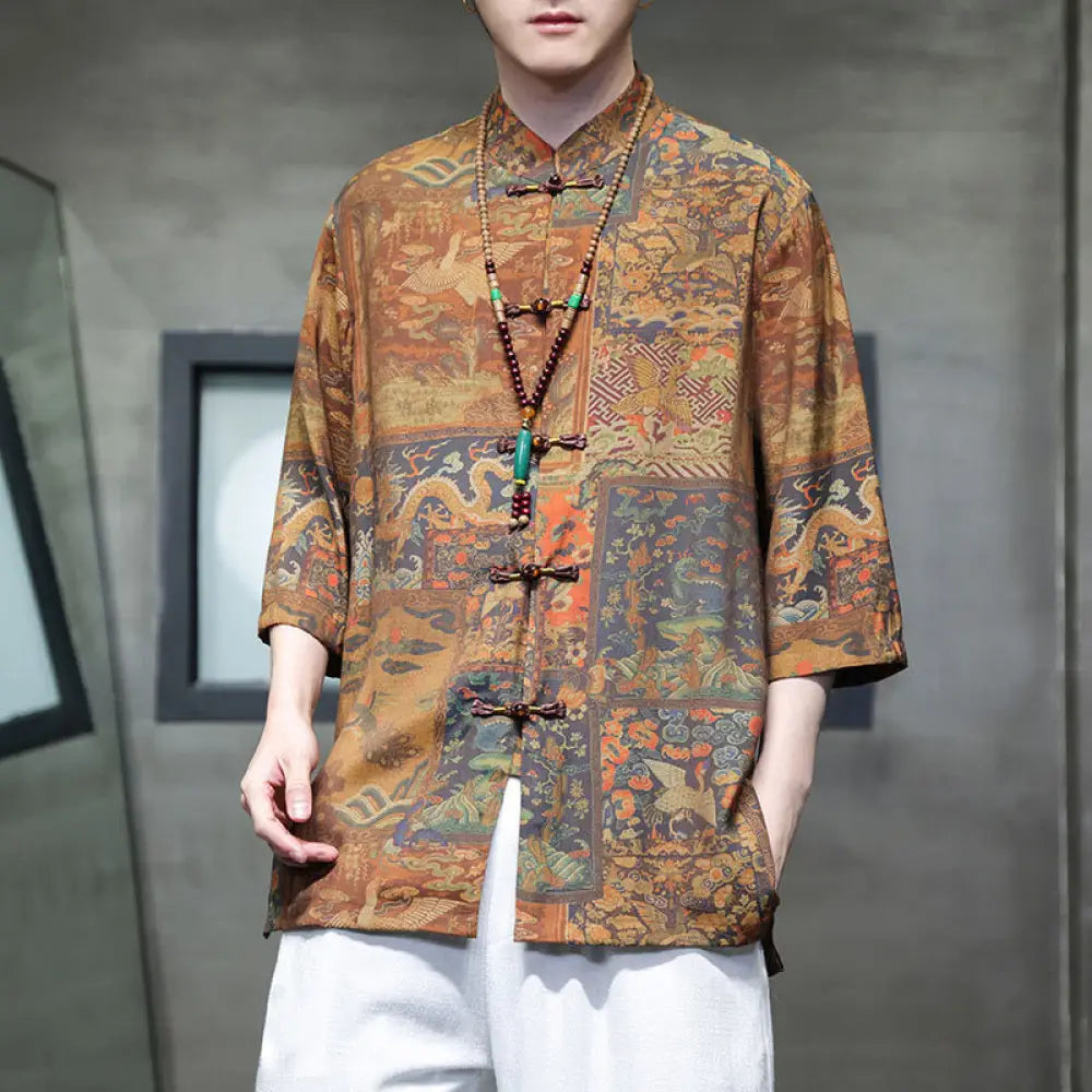 Buddha Stones Landscape Chinese Dragon Pattern Chinese Three Quarter Sleeve Shirt Men T-shirt - Chinese Dragon(Top