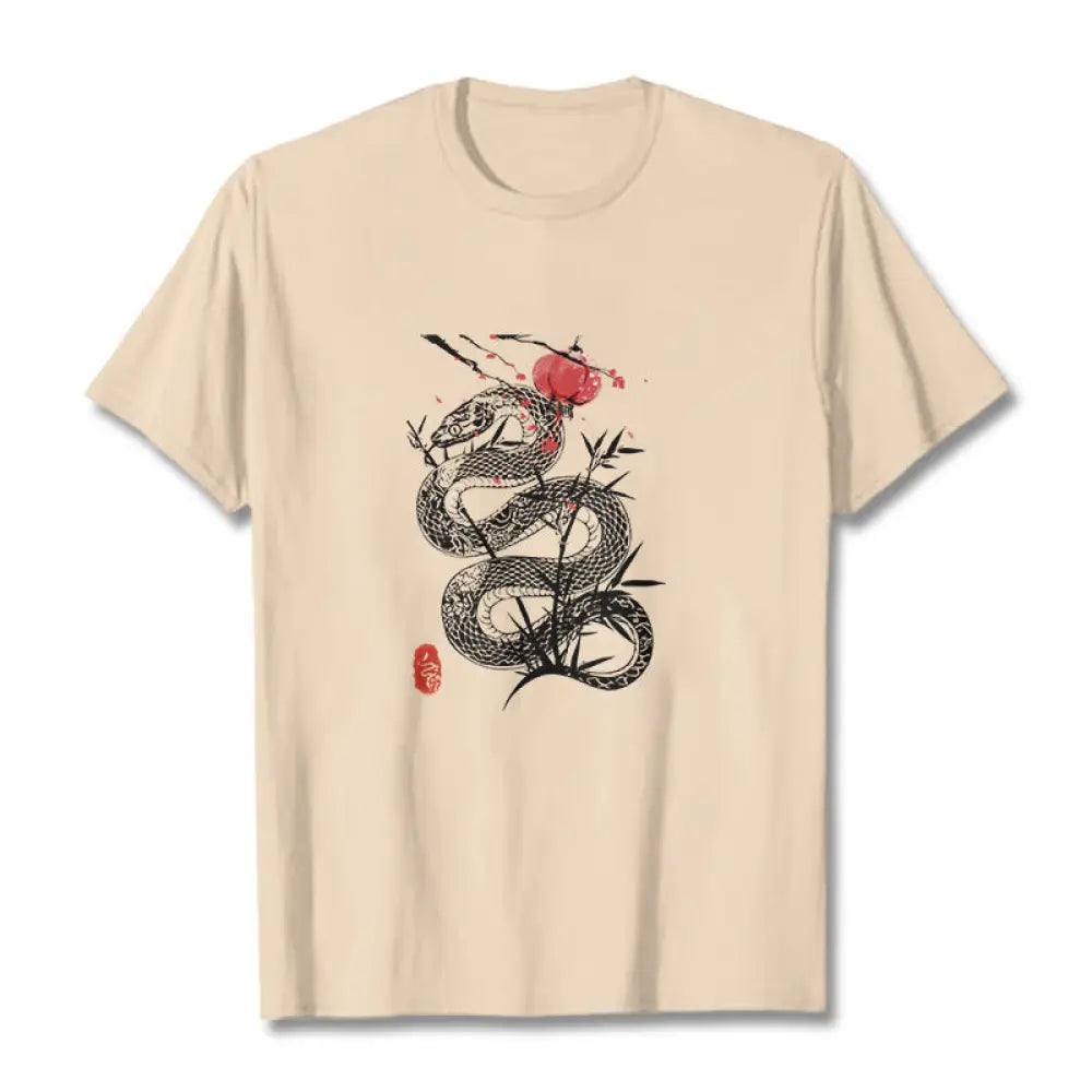 Buddha Stones Lantern Bamboo Leaves Snake Design Cotton Tee T-shirt - Bisque / S - T-Shirts