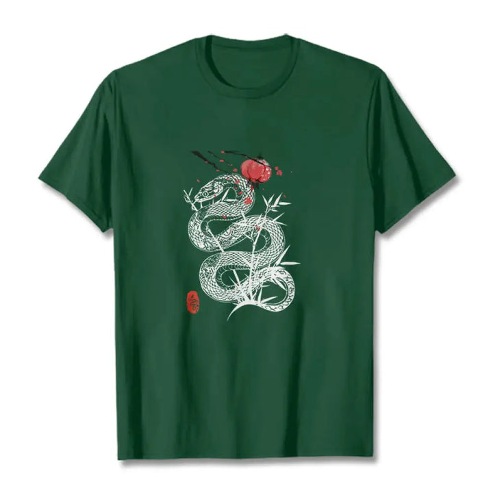 Buddha Stones Lantern Bamboo Leaves Snake Design Cotton Tee T-shirt - ForestGreen / S - T-Shirts