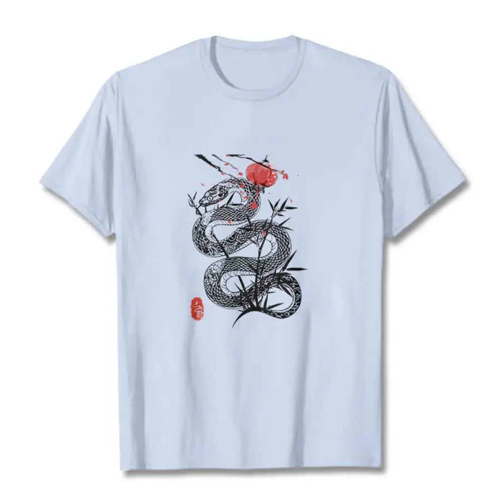 Buddha Stones Lantern Bamboo Leaves Snake Design Cotton Tee T-shirt - LightCyan / S - T-Shirts