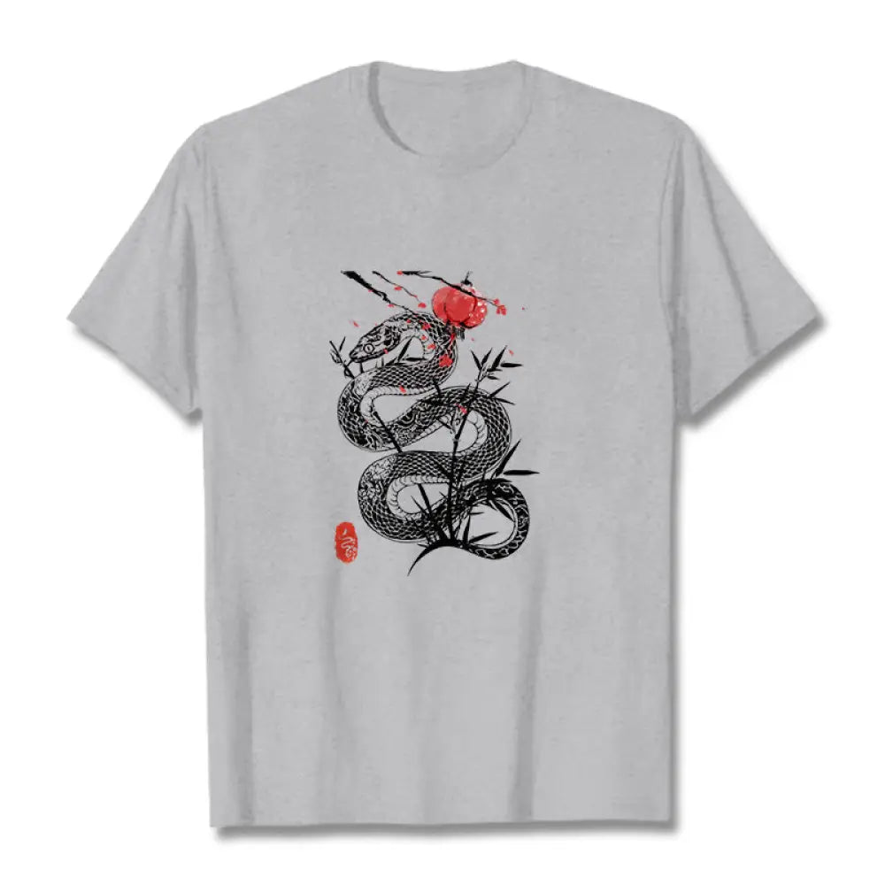 Buddha Stones Lantern Bamboo Leaves Snake Design Cotton Tee T-shirt - LightGrey / S - T-Shirts