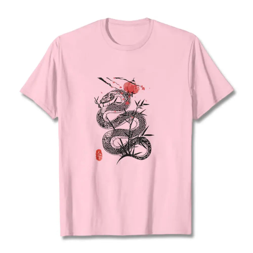 Buddha Stones Lantern Bamboo Leaves Snake Design Cotton Tee T-shirt - LightPink / S - T-Shirts