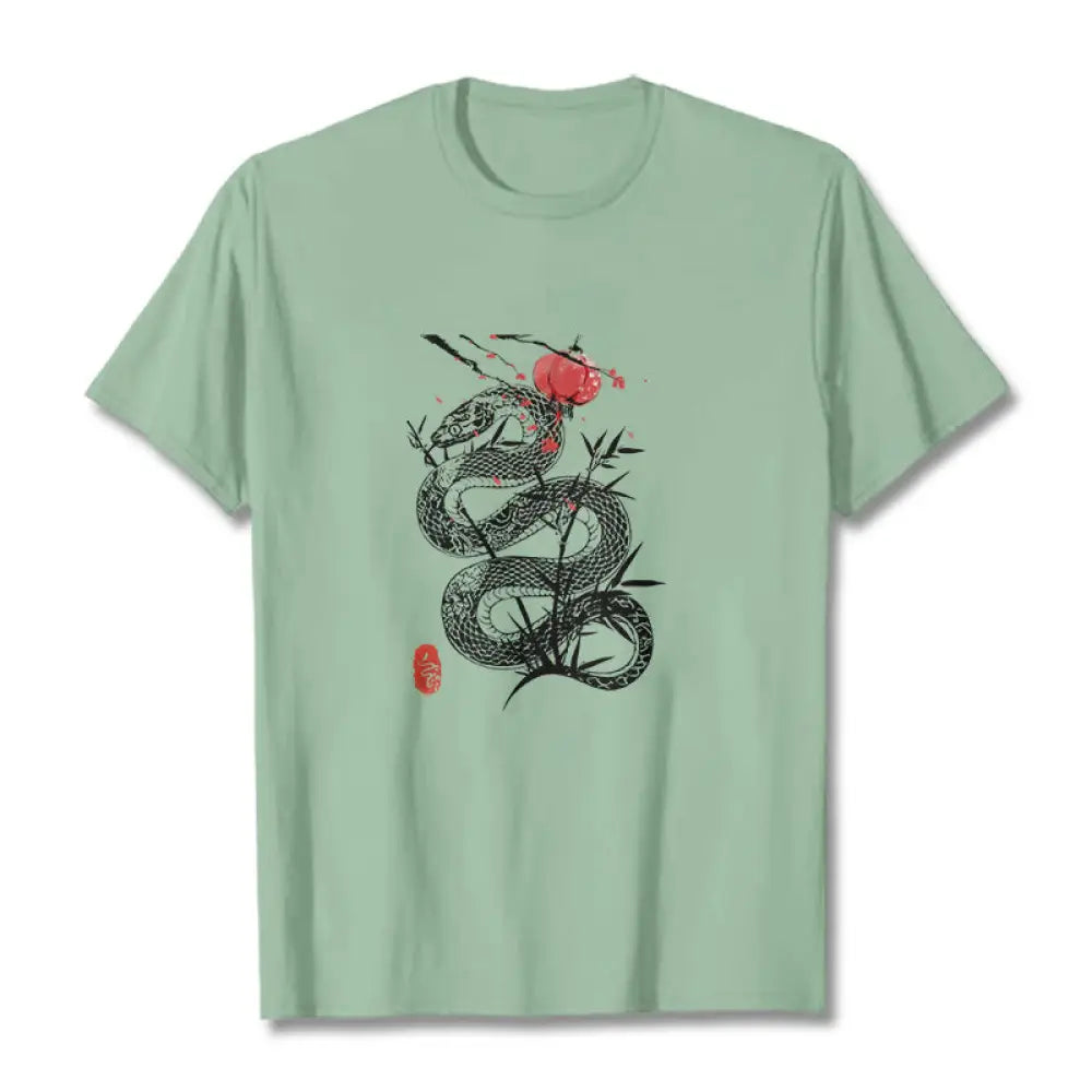 Buddha Stones Lantern Bamboo Leaves Snake Design Cotton Tee T-shirt - PaleGreen / S - T-Shirts