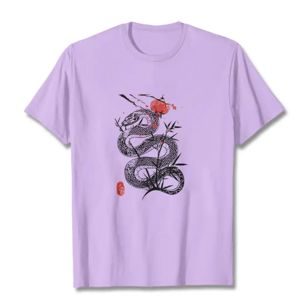 Buddha Stones Lantern Bamboo Leaves Snake Design Cotton Tee T-shirt - Plum / S - T-Shirts