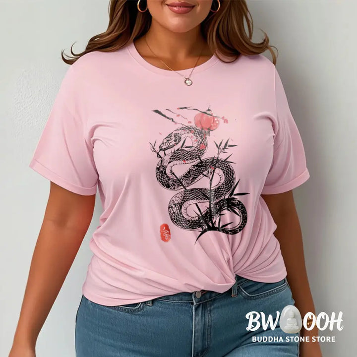 Buddha Stones Lantern Bamboo Leaves Snake Design Cotton Tee T-shirt - T-Shirts