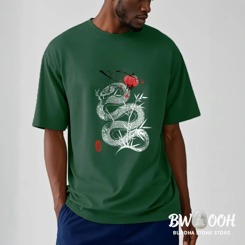 Buddha Stones Lantern Bamboo Leaves Snake Design Cotton Tee T-shirt - T-Shirts