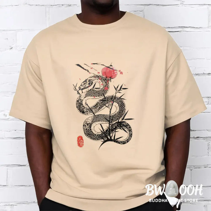 Buddha Stones Lantern Bamboo Leaves Snake Design Cotton Tee T-shirt - T-Shirts