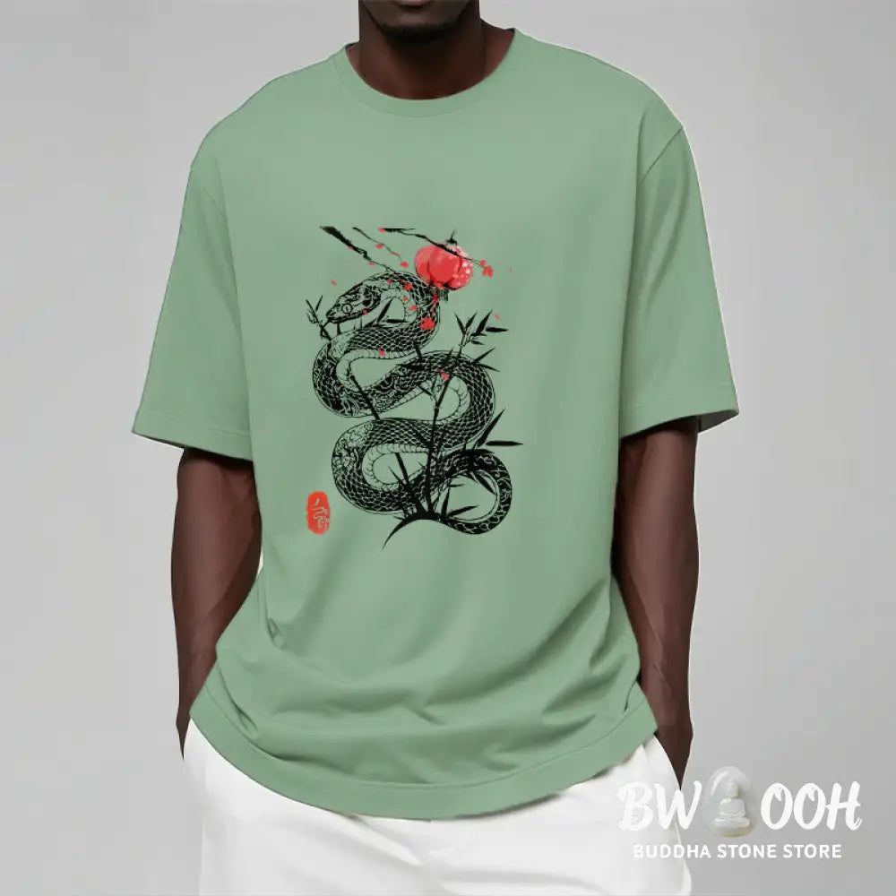 Buddha Stones Lantern Bamboo Leaves Snake Design Cotton Tee T-shirt - T-Shirts