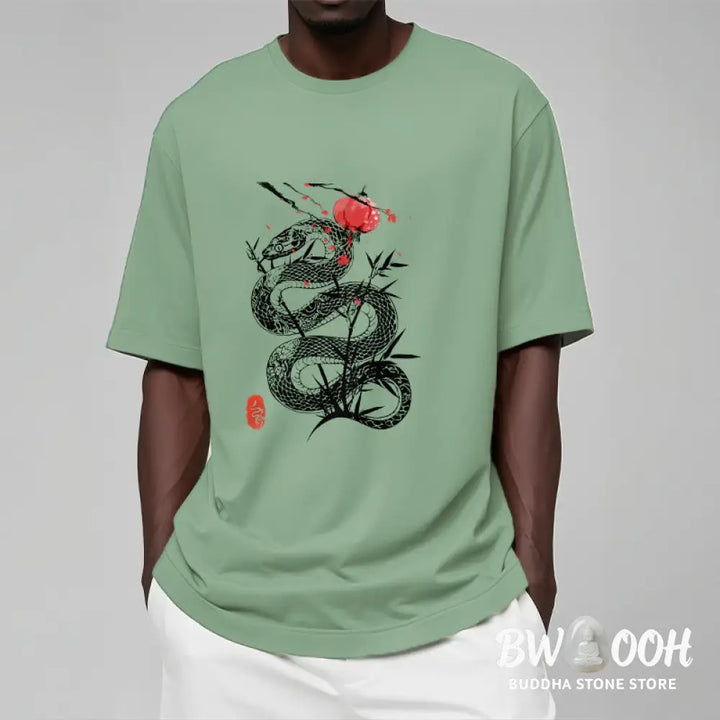 Buddha Stones Lantern Bamboo Leaves Snake Design Cotton Tee T-shirt - T-Shirts