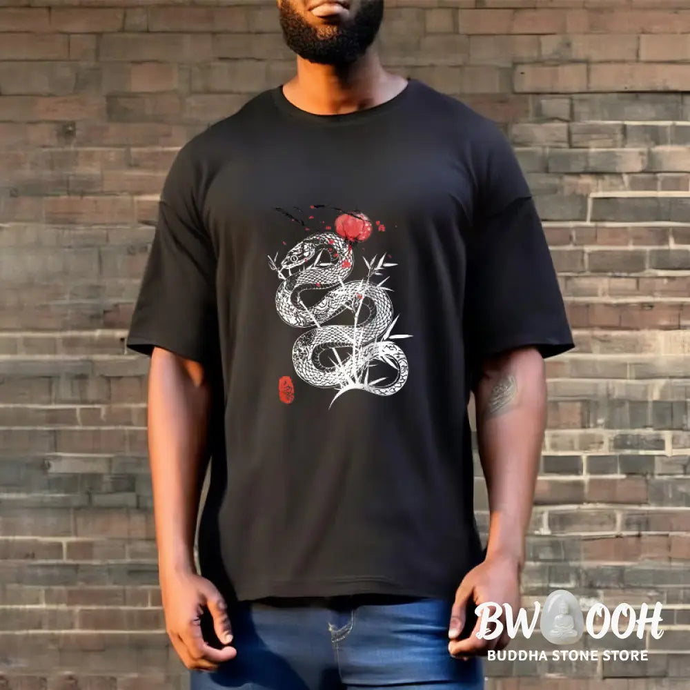 Buddha Stones Lantern Bamboo Leaves Snake Design Cotton Tee T-shirt - T-Shirts