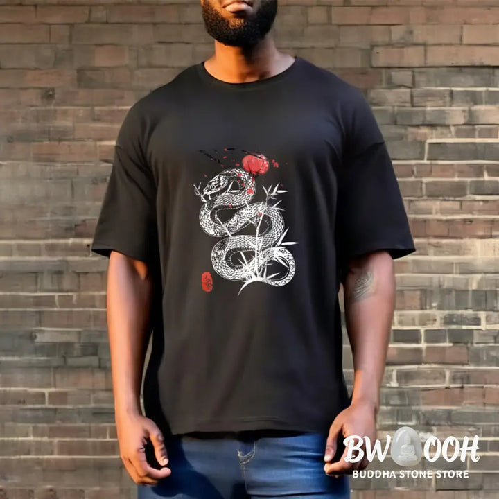 Buddha Stones Lantern Bamboo Leaves Snake Design Cotton Tee T-shirt - T-Shirts