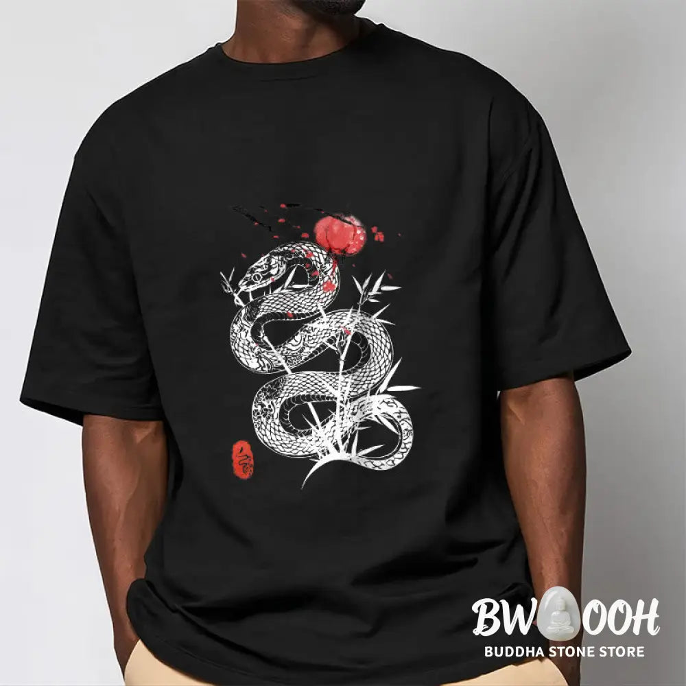 Buddha Stones Lantern Bamboo Leaves Snake Design Cotton Tee T-shirt - T-Shirts