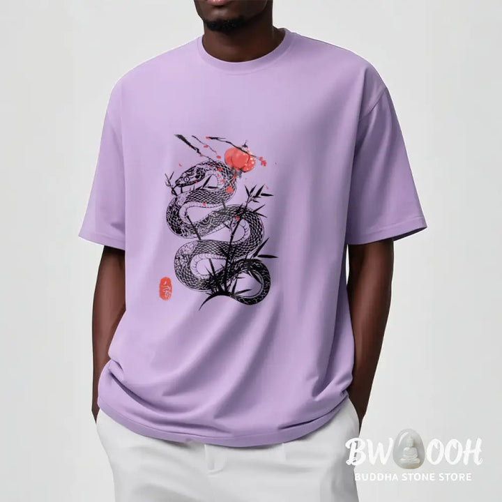 Buddha Stones Lantern Bamboo Leaves Snake Design Cotton Tee T-shirt - T-Shirts