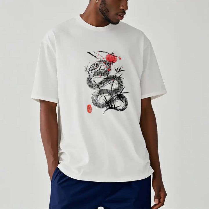 Buddha Stones Lantern Bamboo Leaves Snake Design Cotton Tee T-shirt - White / S - T-Shirts