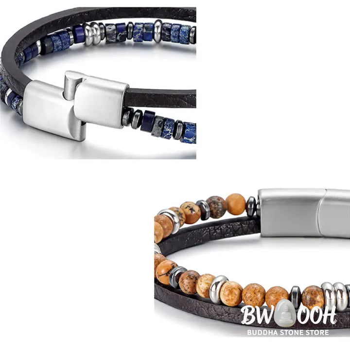 Buddha Stones Lapis Lazuli Tiger Eye Bead Balance Leather Bracelet - Bracelet