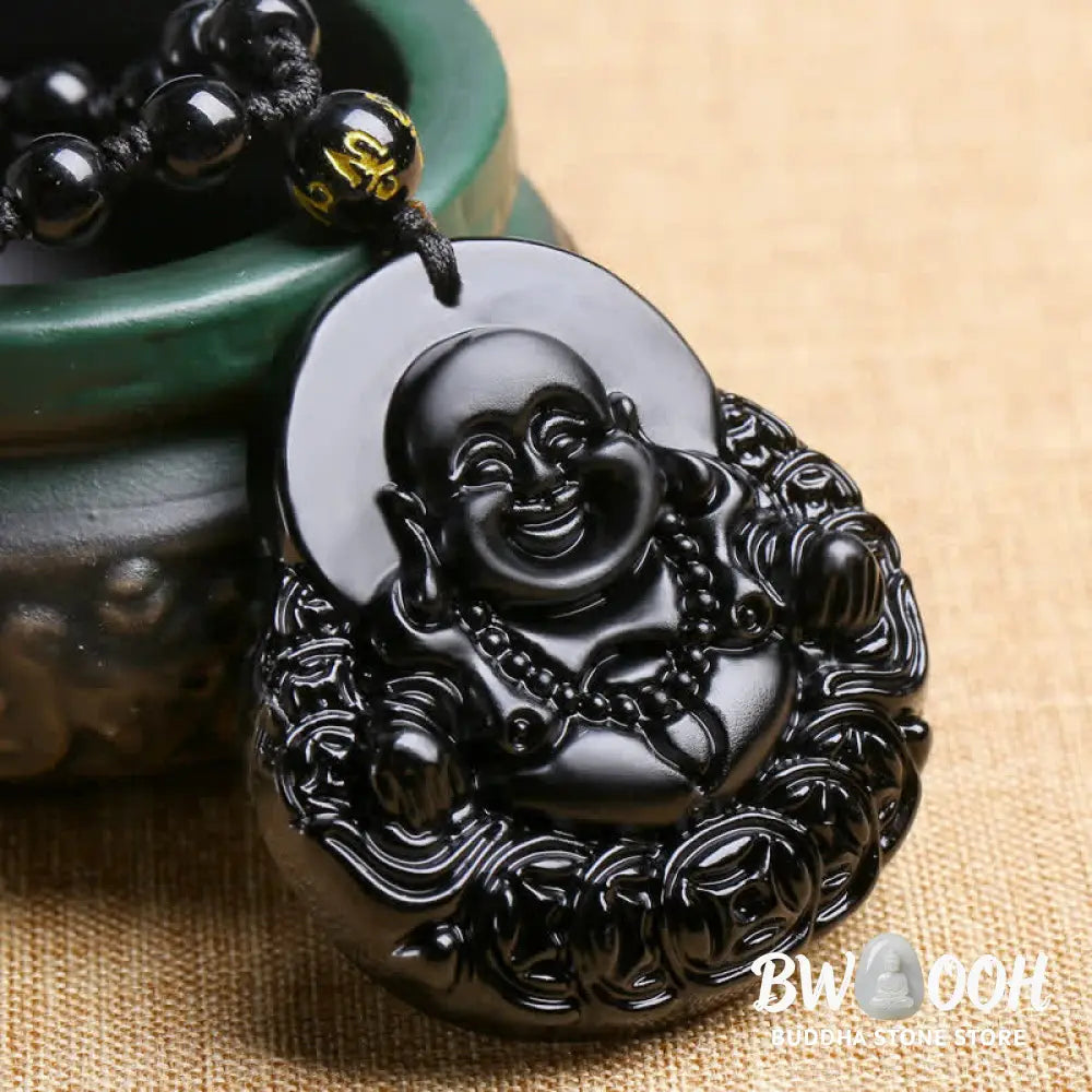 BWOOOH Laughing Buddha Black Obsidian pendant necklace, a unisex handmade spiritual amulet featuring a carved Laughing Buddha on a polished black obsidian stone, symbolizing strength, protection, and positive Feng Shui energy. - View 2