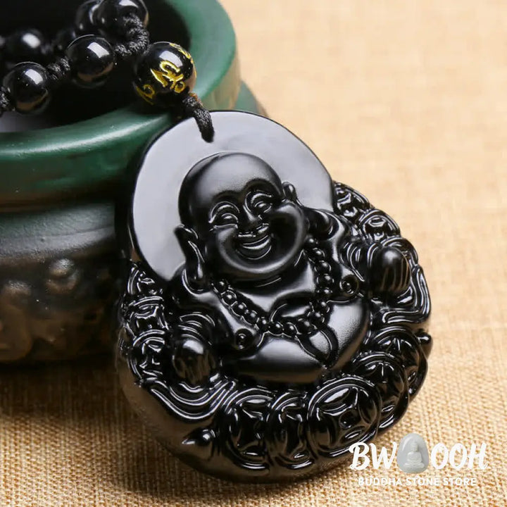 BWOOOH Laughing Buddha Black Obsidian pendant necklace, a unisex handmade spiritual amulet featuring a carved Laughing Buddha on a polished black obsidian stone, symbolizing strength, protection, and positive Feng Shui energy. - View 2