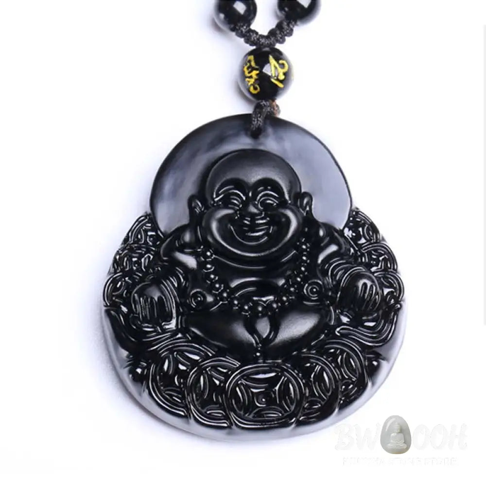 BWOOOH Laughing Buddha Black Obsidian pendant necklace, a unisex handmade spiritual amulet featuring a carved Laughing Buddha on a polished black obsidian stone, symbolizing strength, protection, and positive Feng Shui energy. - View 6
