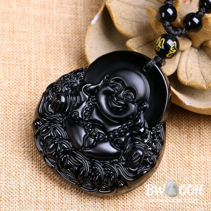 BWOOOH Laughing Buddha Black Obsidian pendant necklace, a unisex handmade spiritual amulet featuring a carved Laughing Buddha on a polished black obsidian stone, symbolizing strength, protection, and positive Feng Shui energy. - View 4