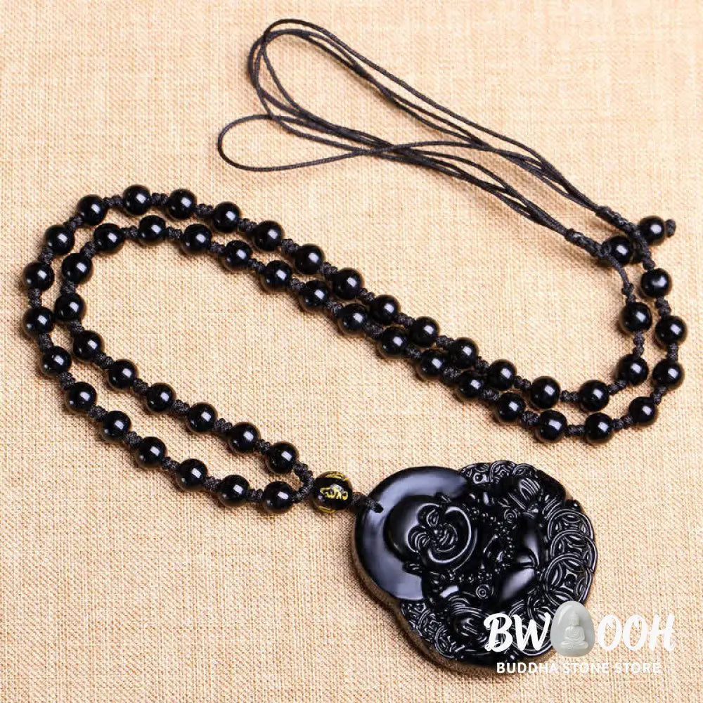 BWOOOH Laughing Buddha Black Obsidian pendant necklace, a unisex handmade spiritual amulet featuring a carved Laughing Buddha on a polished black obsidian stone, symbolizing strength, protection, and positive Feng Shui energy. - View 5