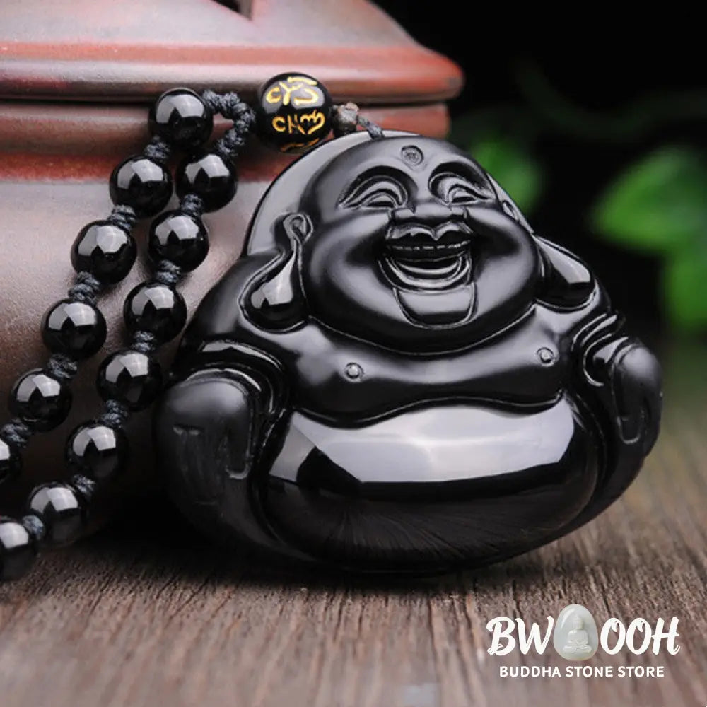 Buddha Stones Laughing Buddha Black Obsidian Transformation Pendant Necklace - BWOOOH - Black Obsidian - Necklaces &amp;