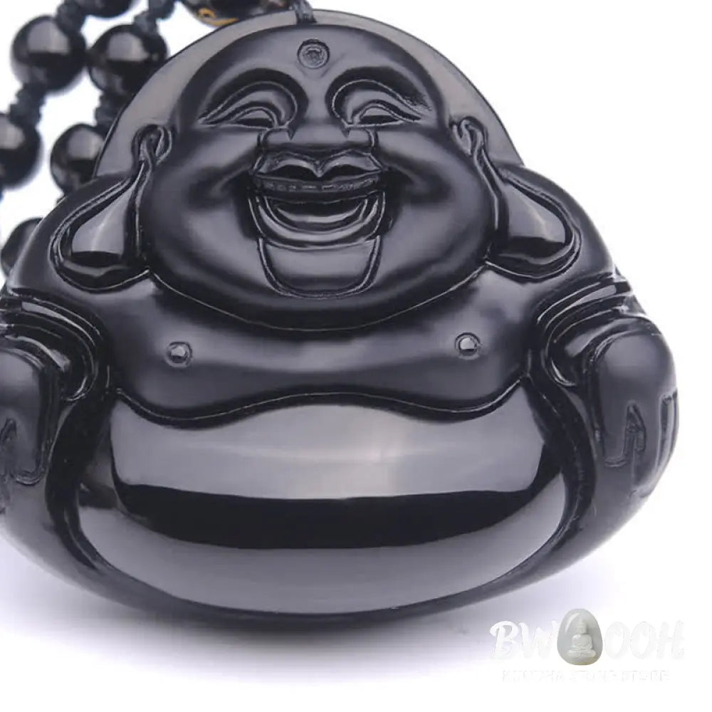 Buddha Stones Laughing Buddha Black Obsidian Transformation Pendant Necklace - BWOOOH - Black Obsidian - Necklaces &amp;