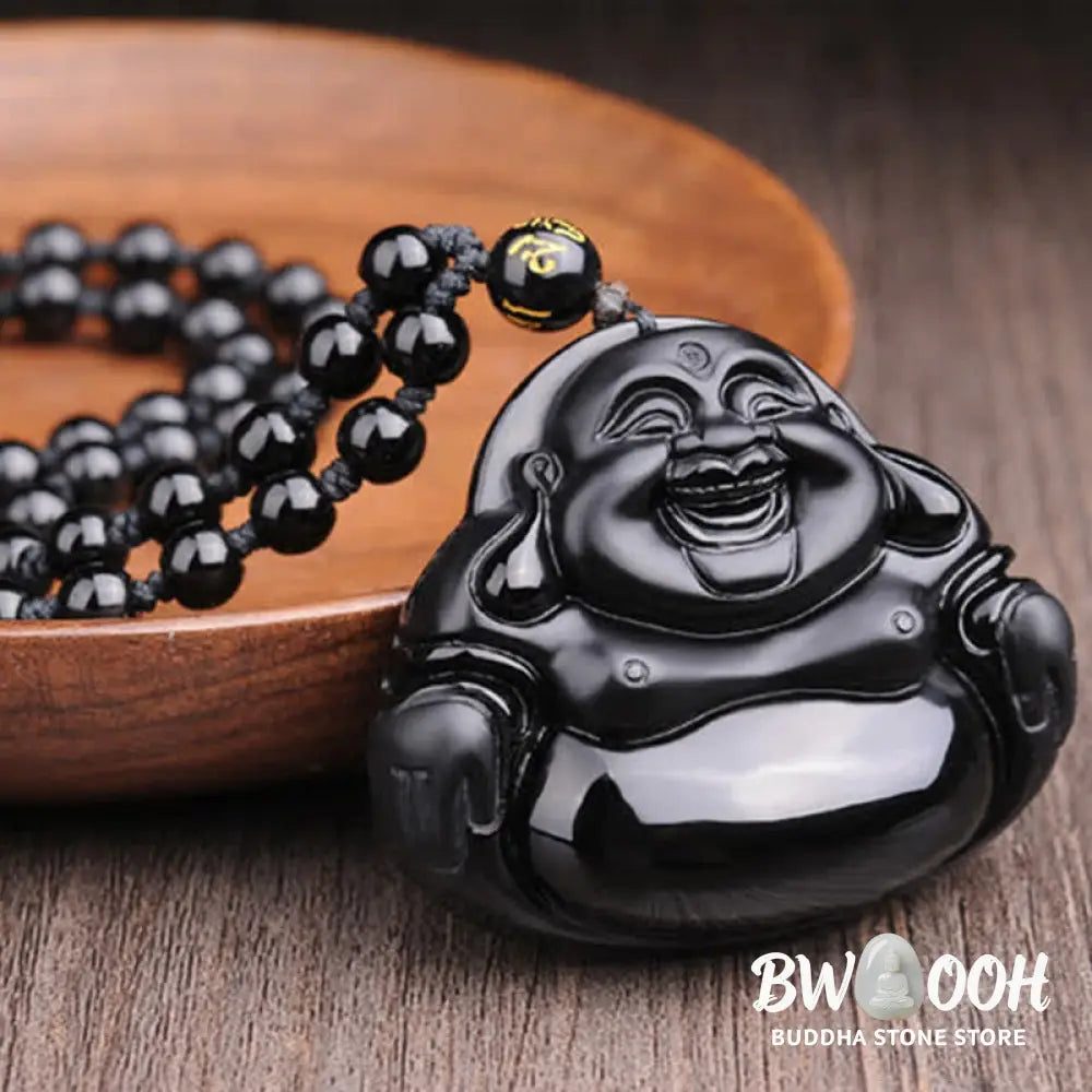 Buddha Stones Laughing Buddha Black Obsidian Transformation Pendant Necklace - BWOOOH - Black Obsidian - Necklaces &amp;