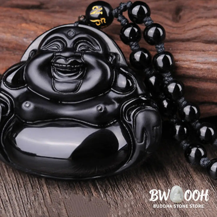 Buddha Stones Laughing Buddha Black Obsidian Transformation Pendant Necklace - BWOOOH - Black Obsidian - Necklaces &amp;