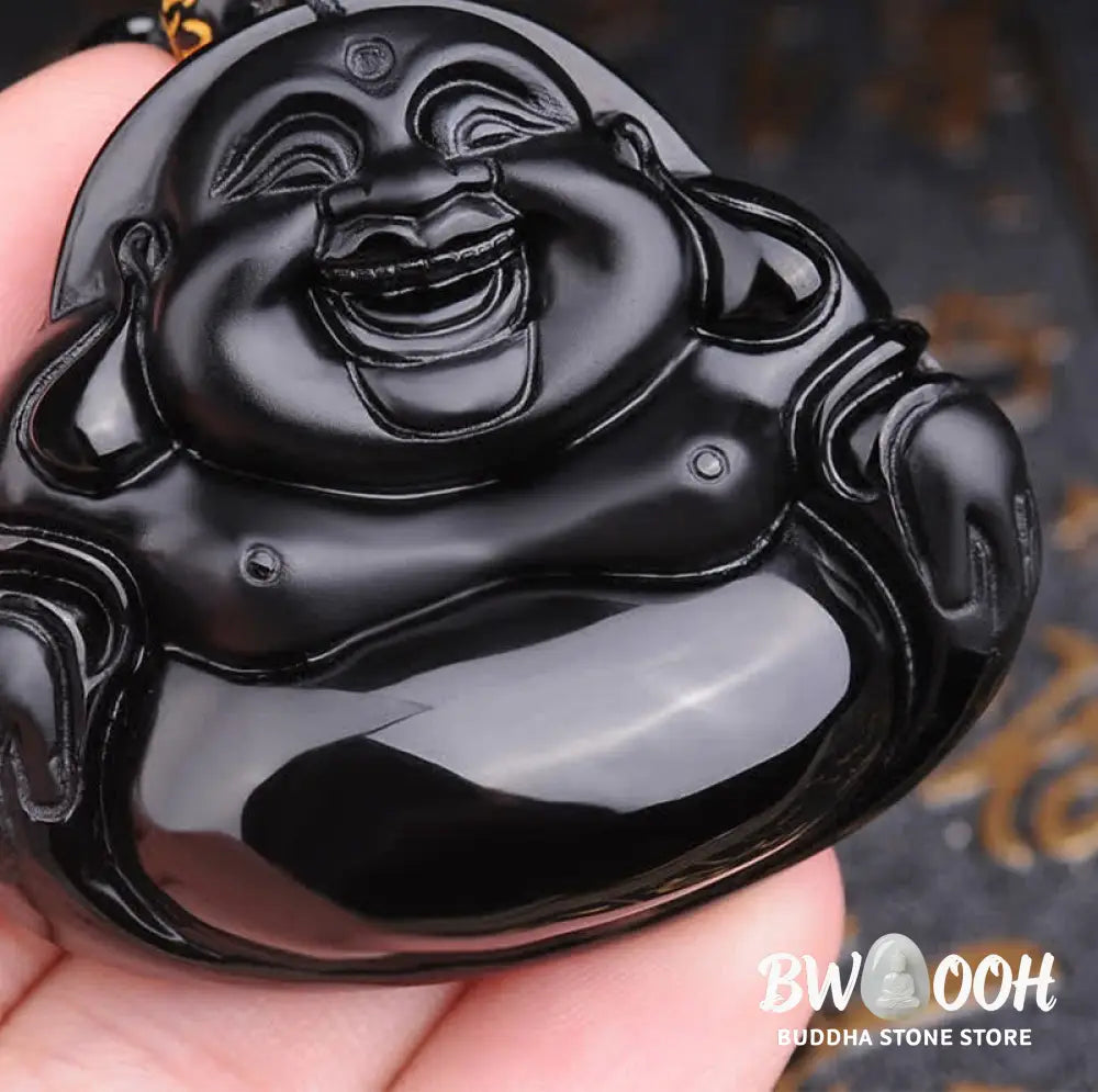 Buddha Stones Laughing Buddha Black Obsidian Transformation Pendant Necklace - BWOOOH - Black Obsidian - Necklaces &amp;