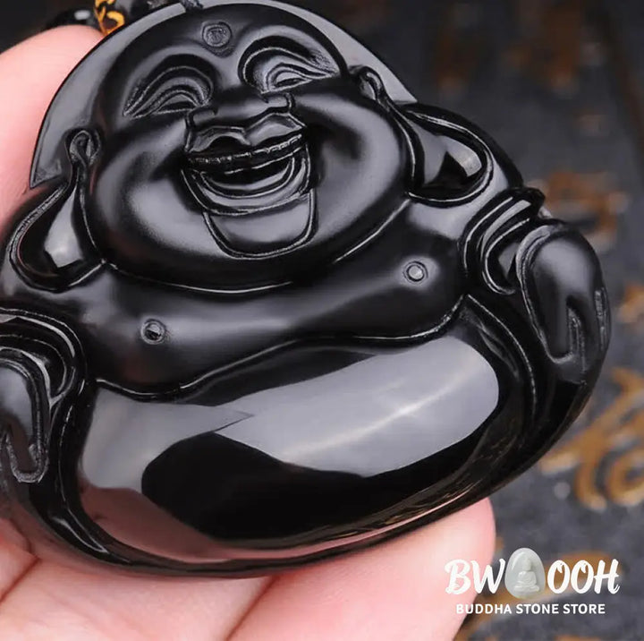 Buddha Stones Laughing Buddha Black Obsidian Transformation Pendant Necklace - BWOOOH - Black Obsidian - Necklaces &amp;